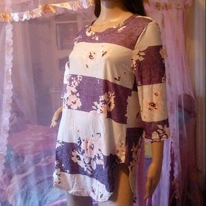 ⬇️ Muted Blue & Violet Block Floral 3/4 Sleeve Top